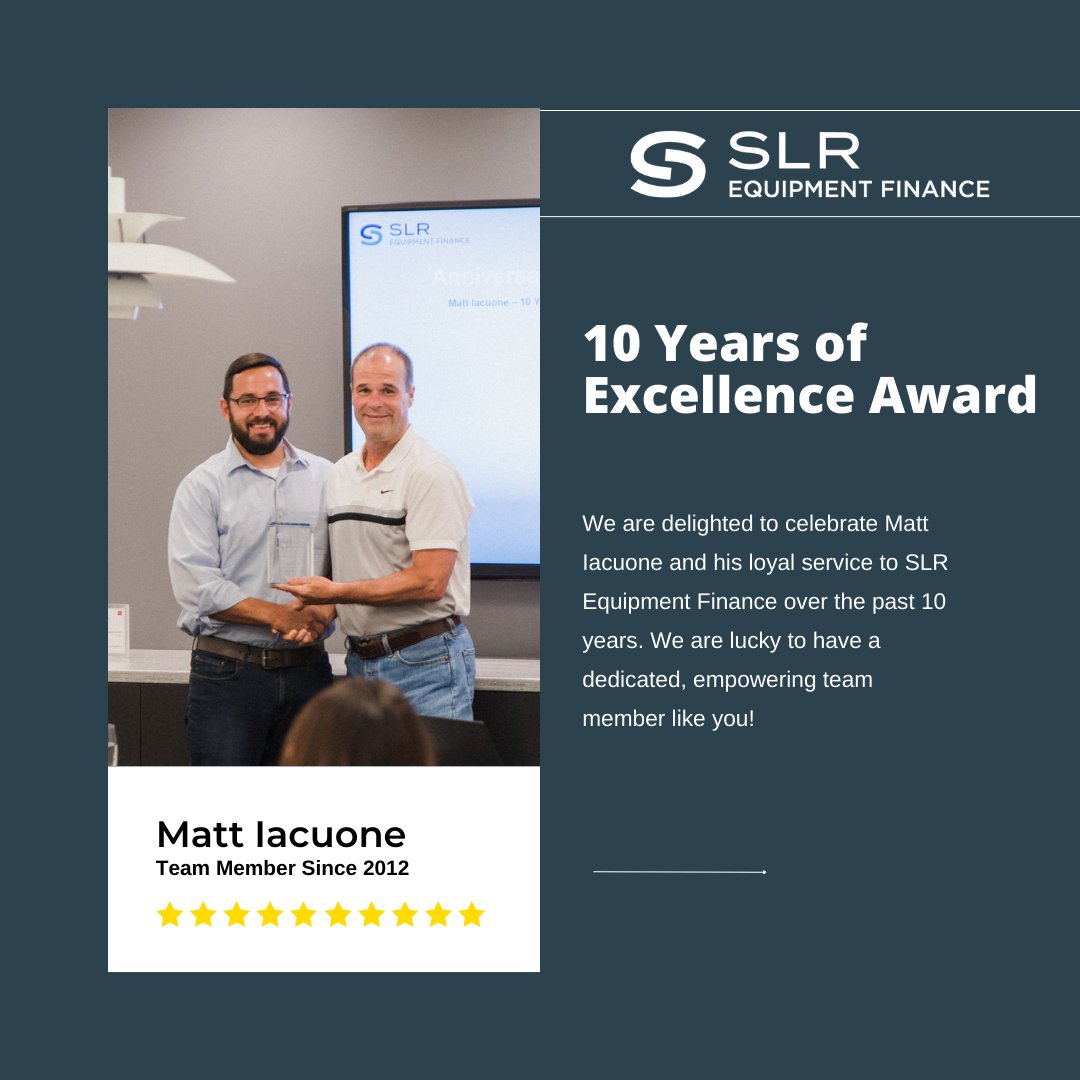 Last week at our first in person All Member Meeting, Thomas Casey was able to present Matt Iacuone his 10 Year Anniversary Award and we were able to celebrate his dedication to <a href="/nationsef/">SLR Equipment Finance</a>  with our entire team!

Thank you for all your do Matt!

#10yearanniversary