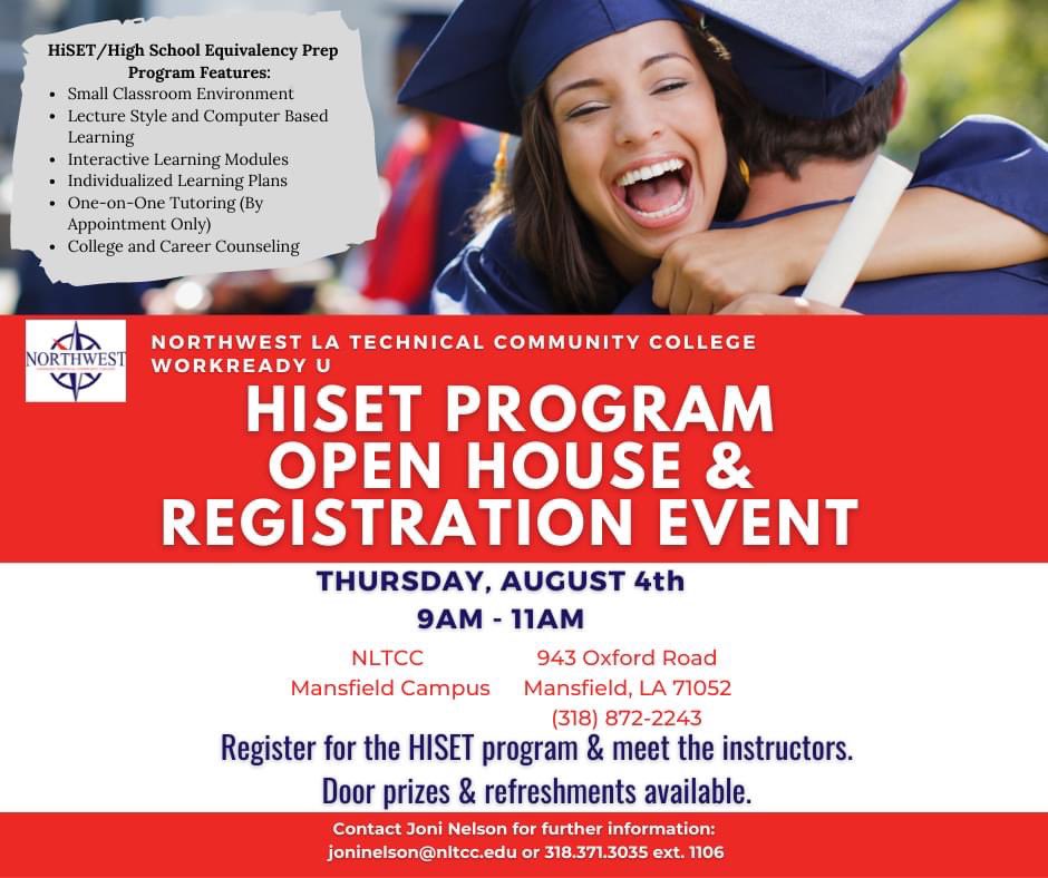 Join us at our Mansfield Campus on Thursday, August 4th to learn more about our HiSet program. Instructors will be on hand to meet with you, answer questions, and help you register for the program.
Door prizes &amp; refreshments will be available. We look forward to seeing you there!