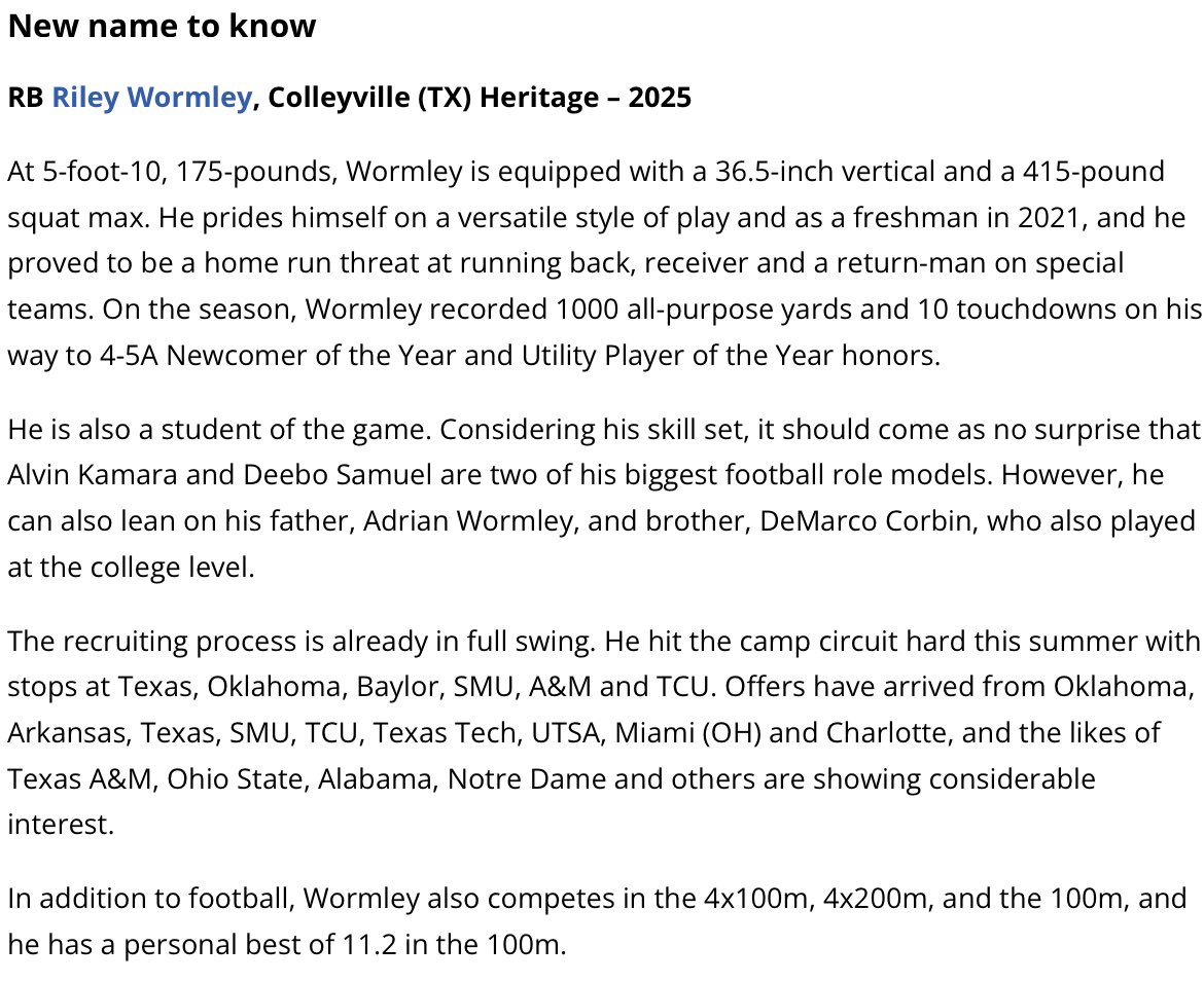 5-10, 175, versatile, explosive, and an all-around homerun threat with the ball in his hands. Colleyville (TX) Heritage 2025 RB Riley Wormley is a must know prospect on the Texas recruiting trails @RileyWormley