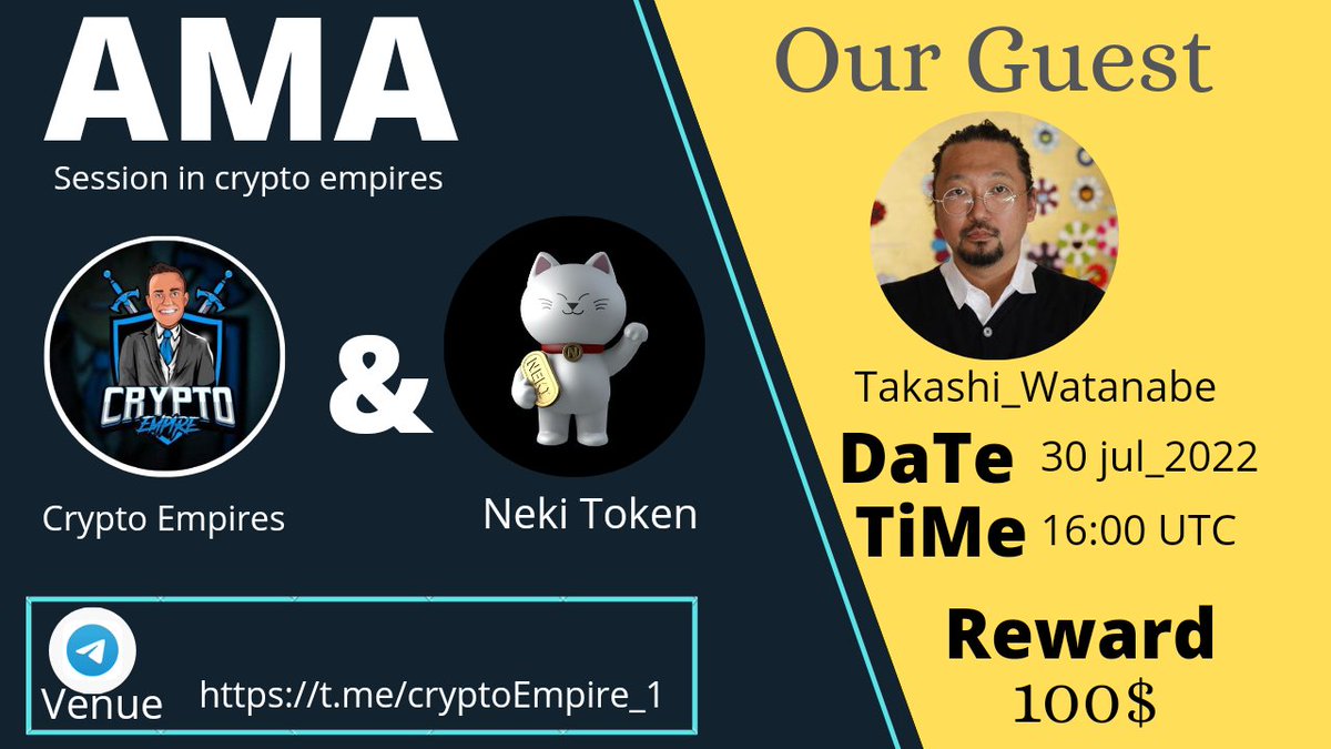 🎙️We're Excited to announce our next #Chat_AMA with Neki_Token on 30th July 16:00 UTC 💰Rewards Pool: 100$ 🏠Venue : t.me/cryptoEmpire_1 〽️Rules: 1⃣ Follow @Crypto_empire1 & @nekitoken 2⃣ Like & RT 3⃣ Comment Max 3Questions & Tag3 Friends #Airdrop #BSC #giveaway