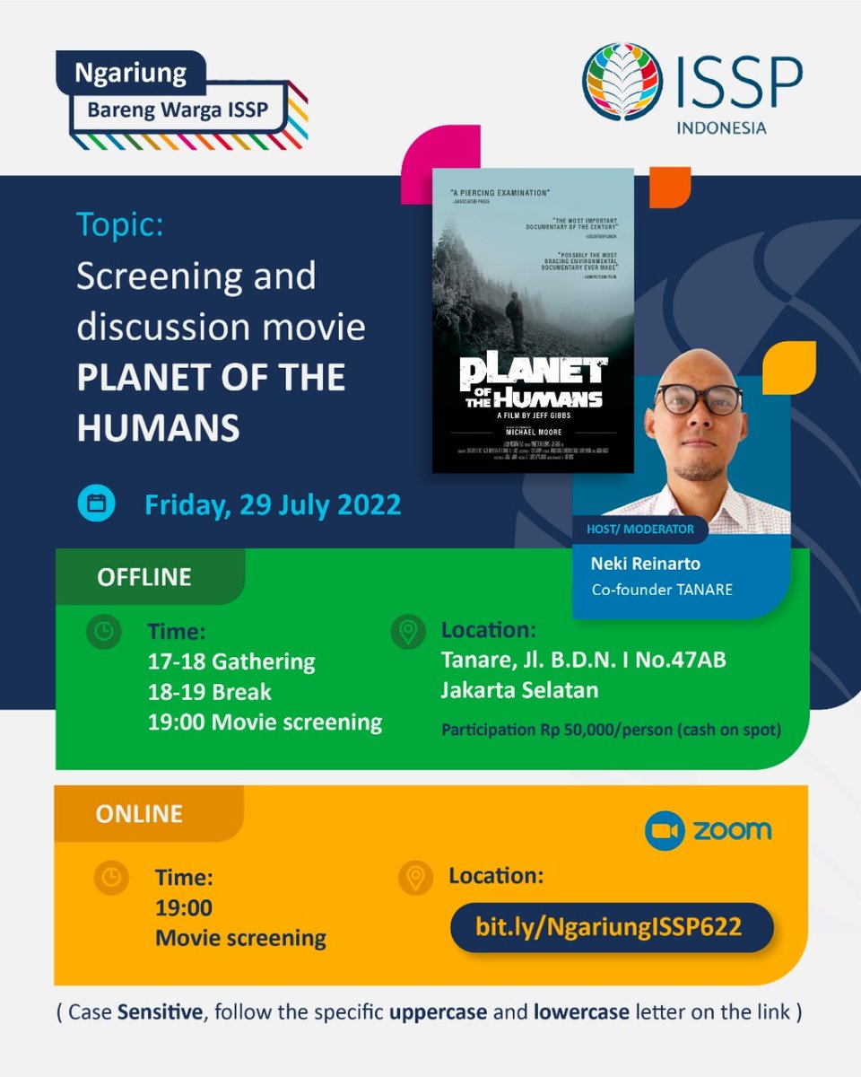issp_id's tweet image. Ngariung Bareng Warga ISSP

Topik :
Screening and discussion movie PLANET OF THE HUMANS

Host/Moderator :
Neki Reinarto (Co-founder TANARE).

Jumat, 29 Juli 2022

*Offline and Online*
Time:
17:00 - 19:00 Movie screening &amp;amp; discussion
Location:
Zoom bit.ly/NgariungISSP622