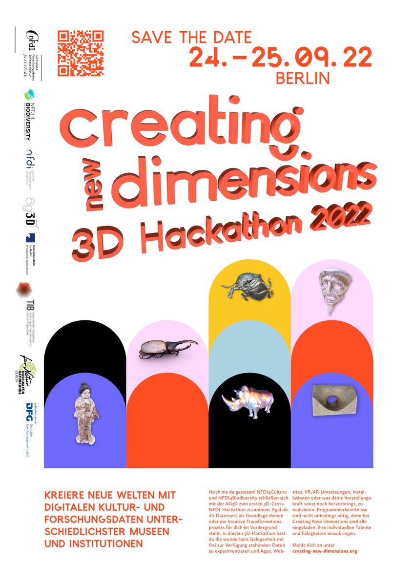 An alle Programmierer:innen, Wissenschaftler:innen und Hackathon-Interessierte, die Anmeldung für Teilnehmende am #3DHackathon #CreatingNewDimensions in Berlin 2022 ist nun offen!🎉 Schnell anmelden und das Teilen nicht vergessen! ☝
➡ creating-new-dimensions.org
#NFDIrocks 
^ff