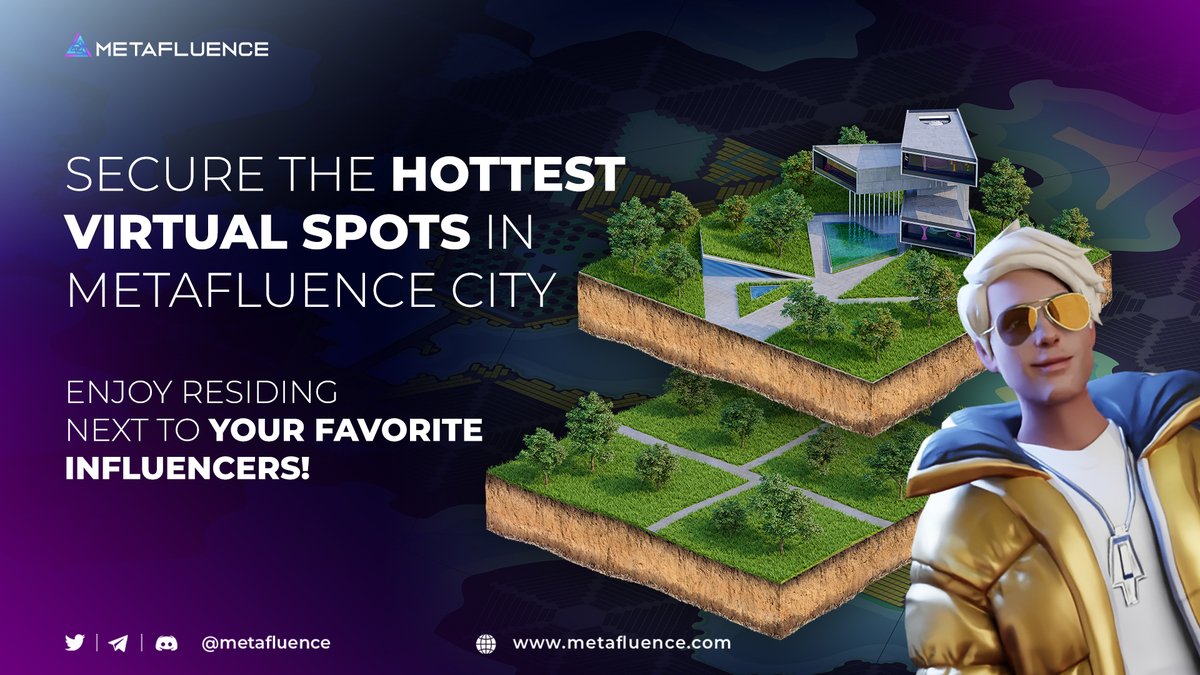 Acquire a Land Plot &amp; Metahut, become a Metafluence Citizen, and engage with neighboring influencers in a whole new &amp; immersive way! 🤩

👉 Choose one of the hottest spots in #MetafluenceCity now: app.metafluence.com/city/

ℹ️ Video guide: youtu.be/cGVbrbn4wMQ