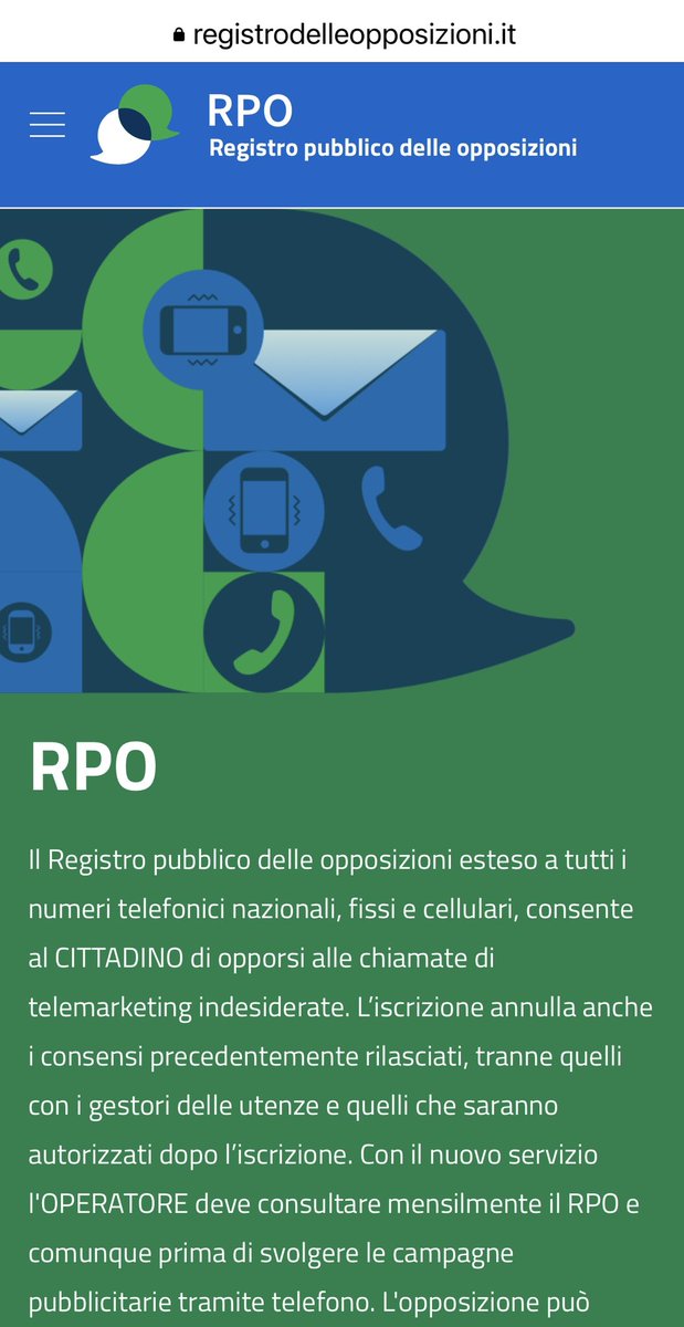 Da ieri, grazie al nostro lavoro, è attivo il nuovo <a href="/RegOpposizioni/">RPO - Registro pubblico delle opposizioni</a> e finalmente si può iscrivere il proprio numero di cellulare per arginare il telemarketing indesiderato. 
In 24h più di 500mila iscrizioni. E intanto lavoriamo per contrastare l’illegalità
registrodelleopposizioni.it