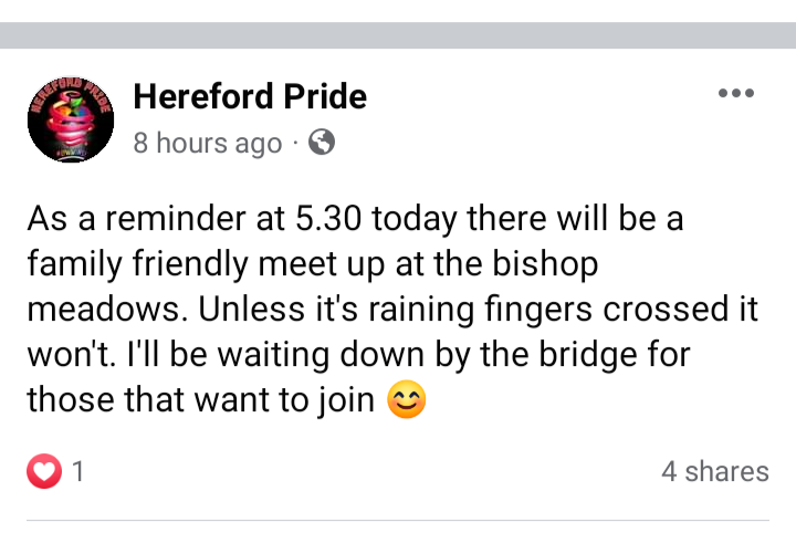 As a reminder at 5.30 today (Thursday) there will be a family friendly meet up at the bishop meadows. Unless it's raining. I'll be waiting down by the bridge for those that want to join 😊
<a href="/WVT_LGBTnetwork/">WVT_LGBTnetwork</a> <a href="/hvoss_hereford/">hvoss</a> <a href="/YourHereford1/">Your Herefordshire</a> <a href="/HerefordBgamers/">Herefordshire Boardgamers / Here For Games</a> <a href="/WhatsInHereford/">What's In Herefordshire</a>