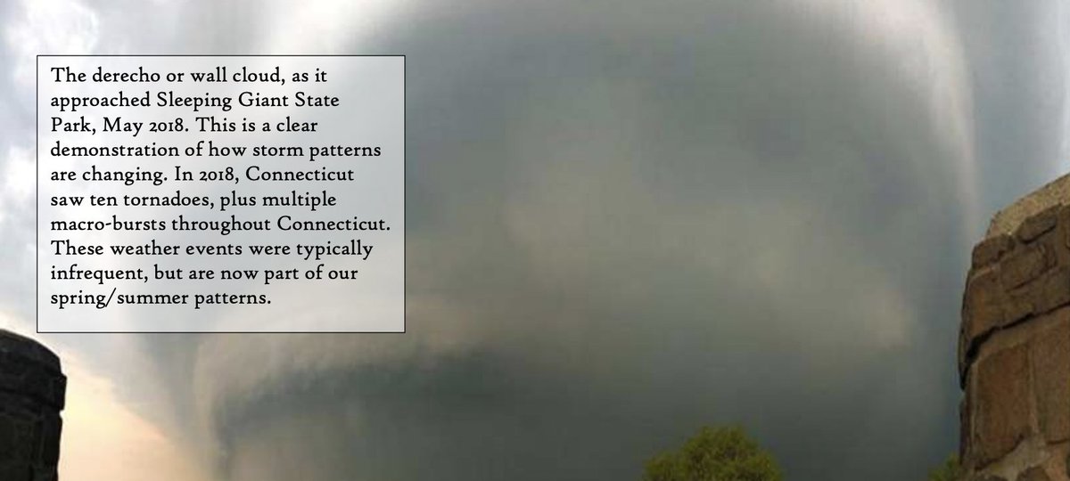 CTRoadMap's tweet image. Climate change can impact the frequency and severity of storms. CT has seen a yearly increase of 38% in precipitation and has experienced a multitude of worsening storms. In 2018, CT saw ten tornados, which were once rare in the state. 

portal.ct.gov/-/media/DEEP/e…