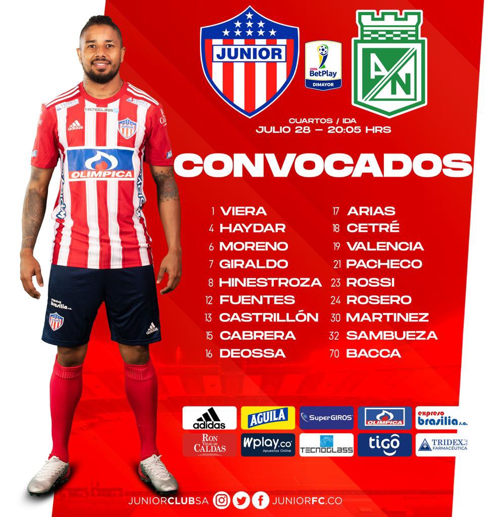 📝| #CopaBetPlay🏆 | ¡Nuestros 1️⃣8️⃣ convocados para el partido ante Nacional!

#VamosJunior🔴⚪🔵