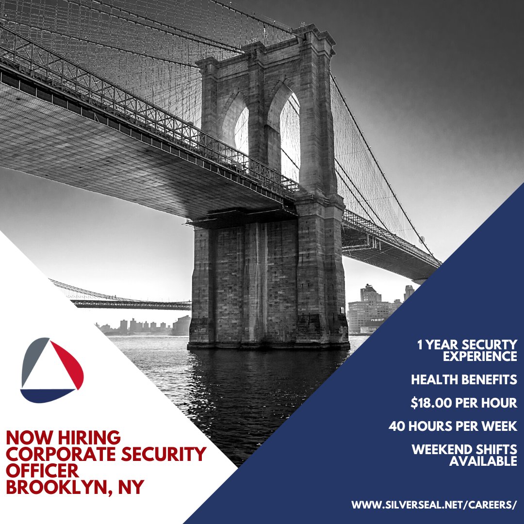 We are hiring Corporate Security Officers at our #Brooklyn, NY locations! Apply today at silverseal.net/job/corporate-…. #Hiring #SecurityCareers #SecurityOfficers #SecurityGuards #CorporateSecurity #Security #Silverseal #NYC #SecurityJobs