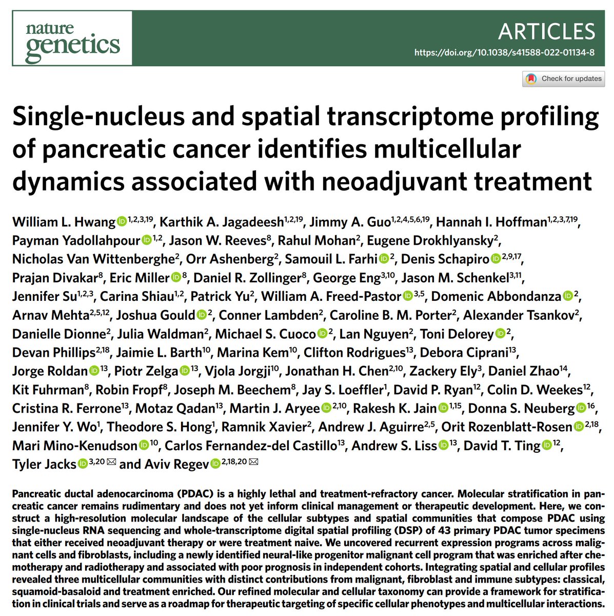 William L Hwang (@drwilliamhwang) on Twitter photo Our study on single-nucleus and spatial profiling of pancreatic cancer was published today <a href="/NatureGenet/">Nature Genetics</a> and will be the cover story in the August issue: tinyurl.com/2eac6tnv. Our study on single-nucleus and spatial profiling of pancreatic cancer was published today <a href="/NatureGenet/">Nature Genetics</a> and will be the cover story in the August issue: tinyurl.com/2eac6tnv.