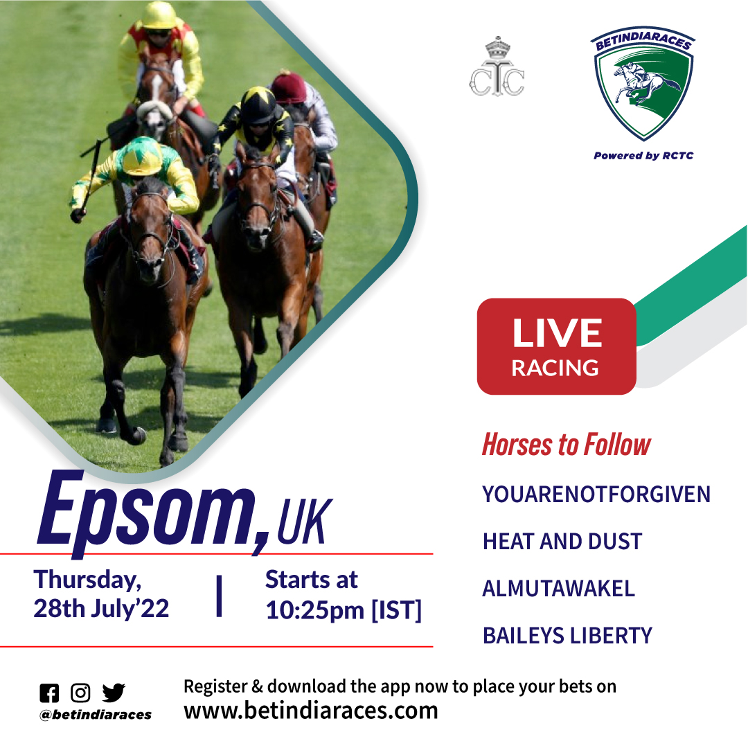 betindiaraces's tweet photo. Watch &amp; Bet on LIVE racing from Epsom, UK 
@EpsomRacecourse on https://t.co/fJkvlbcqAf Powered by @RctcTurf
Races start at 10:25pm[IST]
Register &amp; download the app now to place your bets!
#betindiaraces #horseracing #livehorseracing #betnow #ukraces #betonhorseracing #ukracing https://t.co/WphbVt1TSF