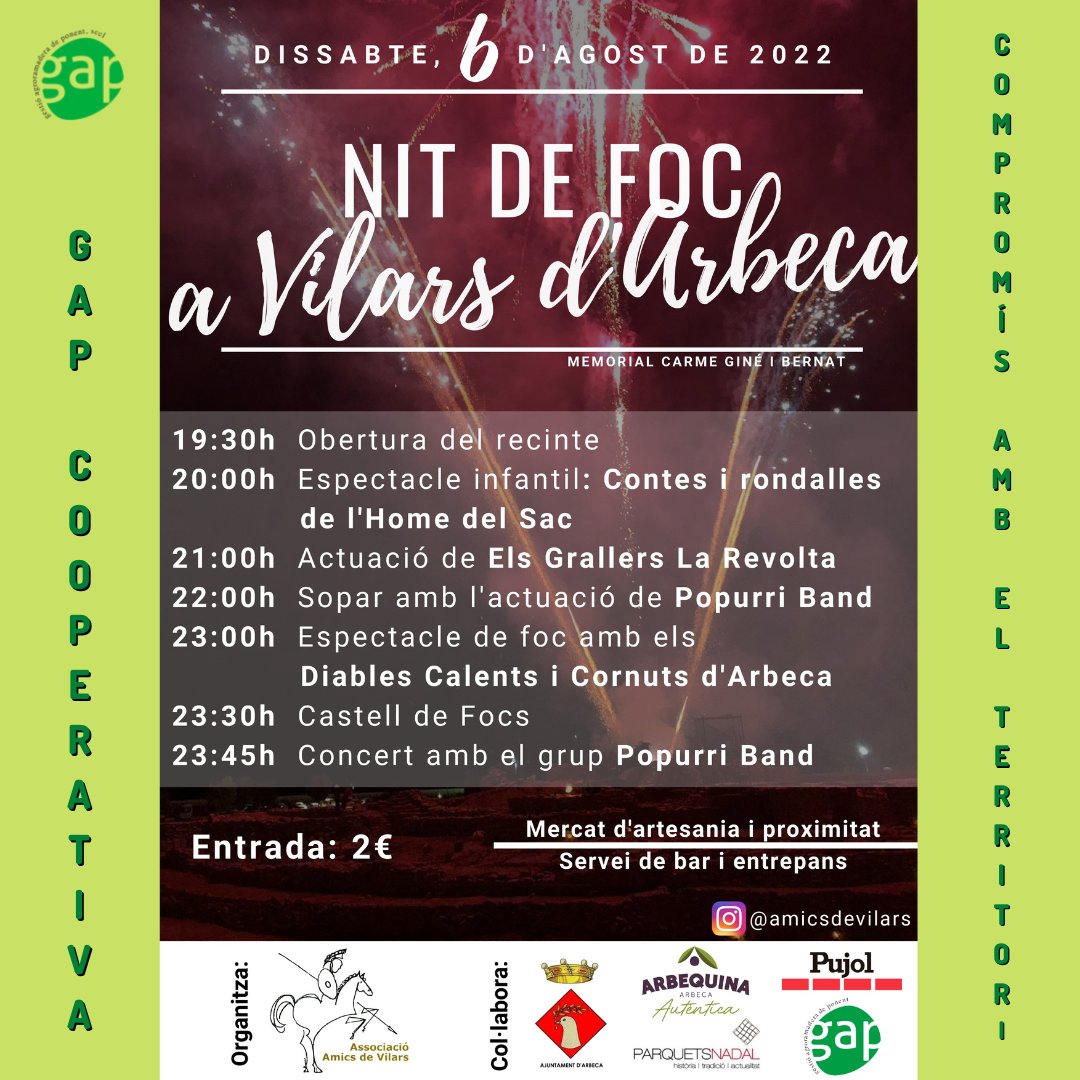 El dissabte 6 d'agost toca Nit de Foc a la fortalesa Vilars d'Arbeca. Castell de focs, diables, música, animació, mercat d’artesania, servei de bar... Els millors ingredients per gaudir d'una gran nit organitzada per l’Associació Amics de Vilars.