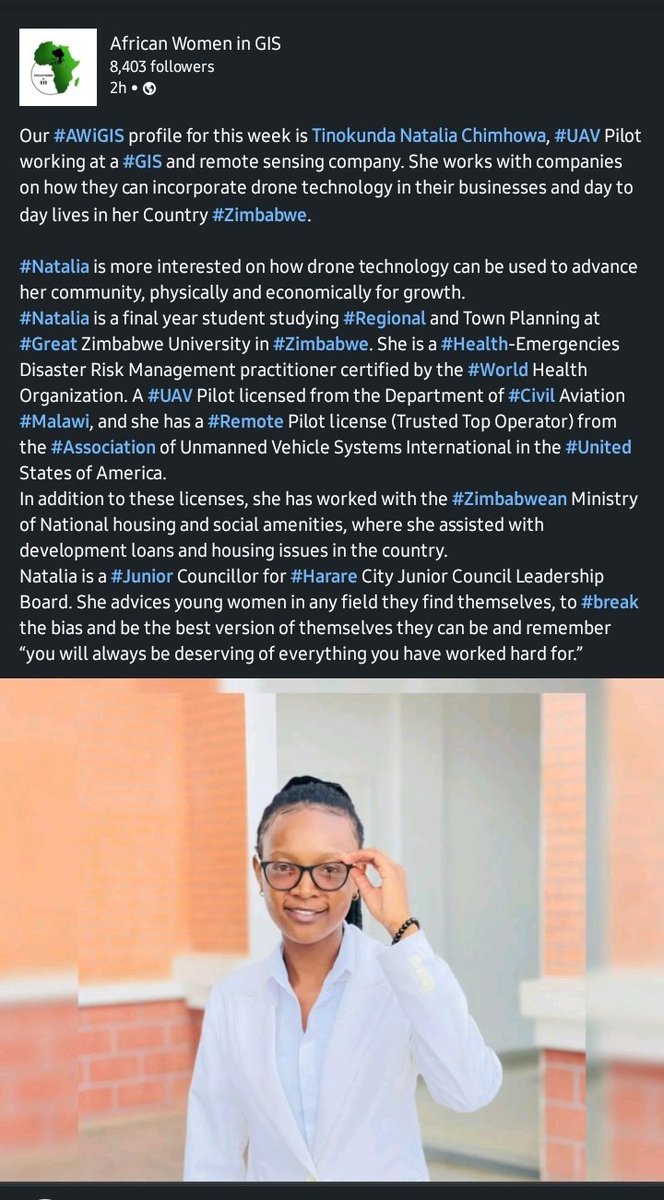 Thank you @africwomeningis for the recognition .
To more days of African Women Excellency .The future is Unmanned 
#dronetechnology #WomenInTech #BlackTechTwitter #adda #GrowthWithGoodness #unicefmalawi #SDGs #development