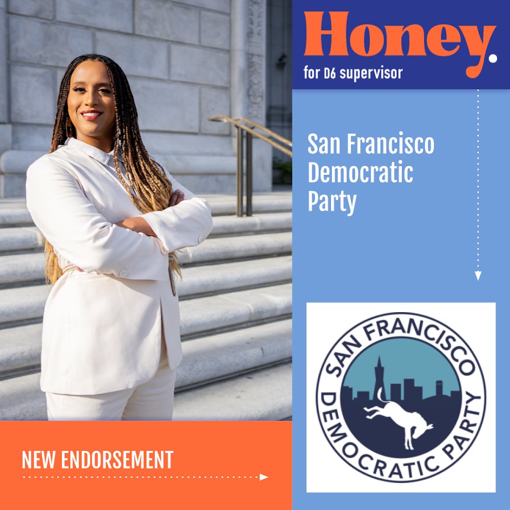 JUST IN! I have received the sole endorsement of the San Francisco Democratic Party for District 6 Supervisor! 😍😍😍 thank you <a href="/sfdemocrats/">SF Democratic Party</a> !!! #superhoney