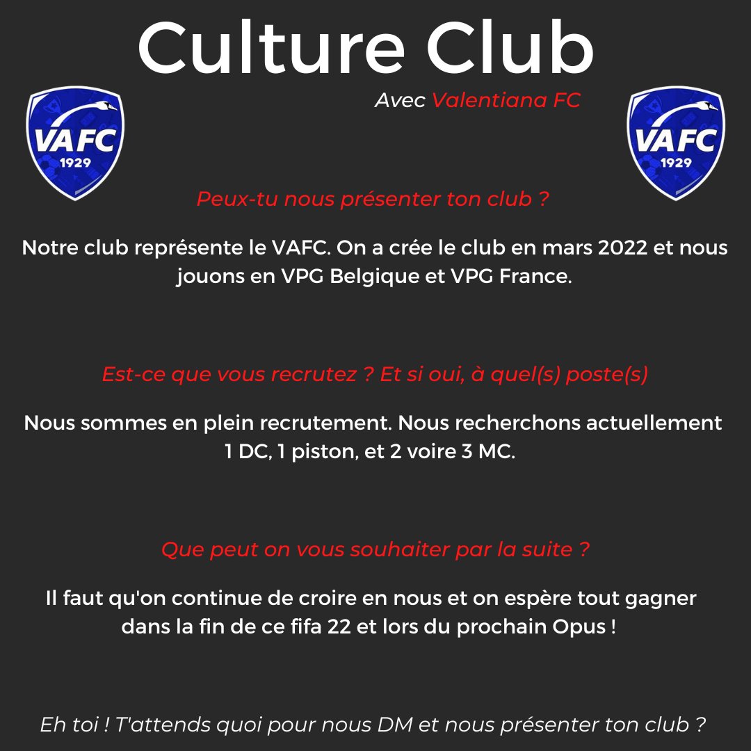 ➡️Culture Club, épisode numéro 3⃣ avec le @VA1929CP !

💪 Merci aux représentants du <a href="/VAFC/">Valenciennes FC 🦢</a> d'avoir répondu à nos questions. 

🔥 Place à la bataille des clubs sur Twitter, est-ce que le @VA1929CP est chaud ? Un max de RT et de FAV si c'est le cas !