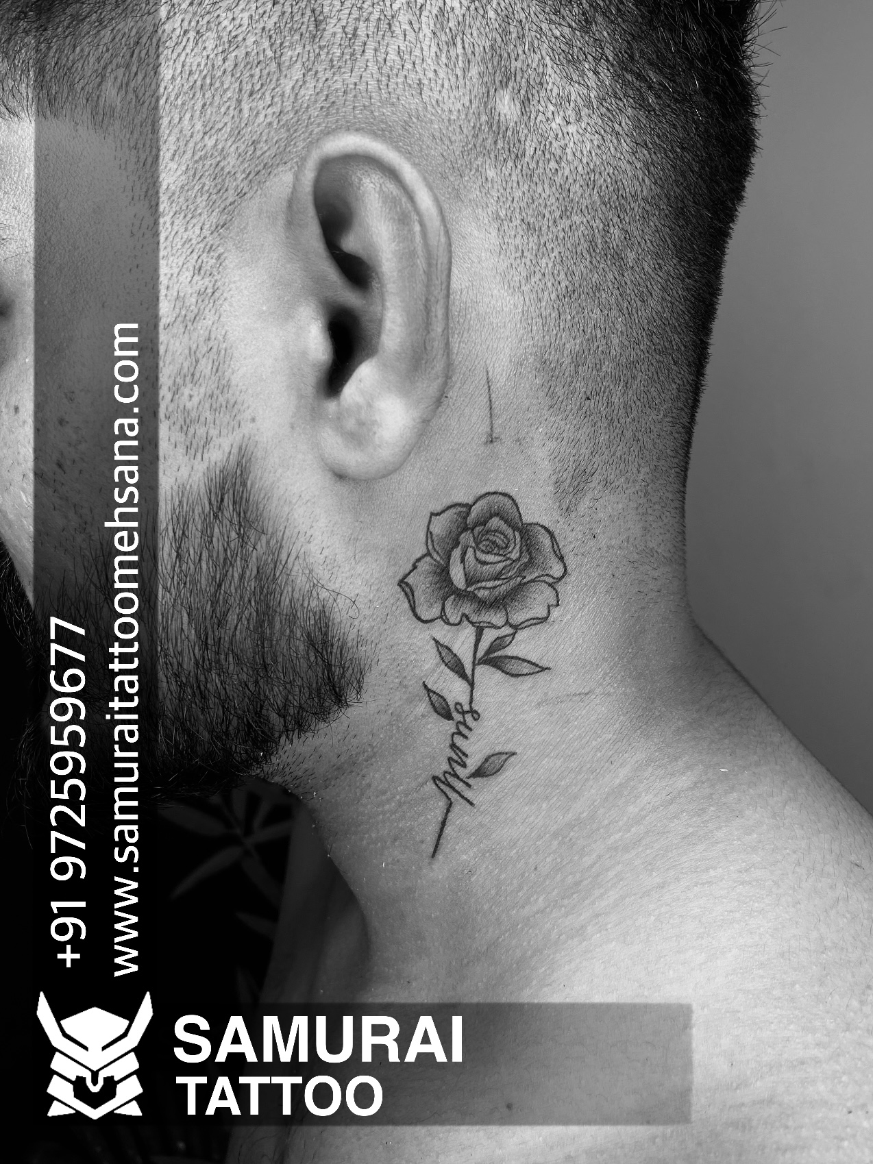 Single needle rose tattoo on the neck