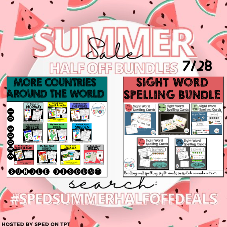 SpecialEdSpot's tweet photo. Now is your best chance to save BIG in the sale. It's HALF OFF BUNDLES day. Remember...it is one day only. One of today's choices is a set of 10 country books that includes a country book, worksheets, and maps, 

https://t.co/cGMc2w6XRR

#SPEDSummerHALFOFFdeals https://t.co/MF1c08DASJ