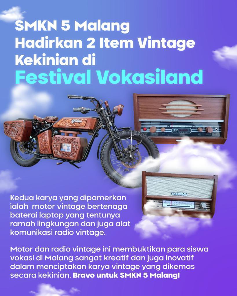 #festivalmahakaryavokasi
#mahakaryavokasi

Nah, SMKN 5 Malang menyambut Harteknas 2022 akan menghadirkan 2 item vintage kekinian dalam festival #vokasiland yaitu motor vintage bertenaga baterai laptop yang ramah lingkungan dan alat komunikasi radio vintage. Keren banget ya!!