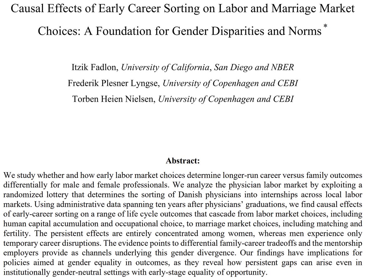 Today, we present
“Causal Effects of Early Career Sorting on Labor and Marriage Market Choices: A Foundation for Gender Disparities and Norms”
@ #NBERSI Labor Studies & Personnel Economics (2:25 pm ET) @Sonesta or youtube.com/nbervideos
#EconTwitter 
1/20