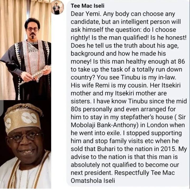 Obinnaemeh_'s tweet image. Tinubu is my in-law. He&apos;s 86 and absolutely not qualified to become the President of Nigeria - Veteran Singer, Tee Mac 

#Obidatti023 #Gistlover waspapping