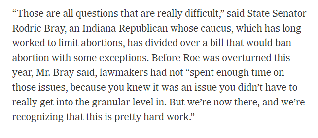"We're recognizing that this is pretty hard work."

Yes, <a href="/INSenateGOP/">INSenateRepublicans</a>, it IS difficult to ban abortion in Indiana without condemning women and girls to die in the process. Sorry legislating is harder than campaigning on an issue! 

We can't solve this issue in 2 weeks. Kill SB1.
