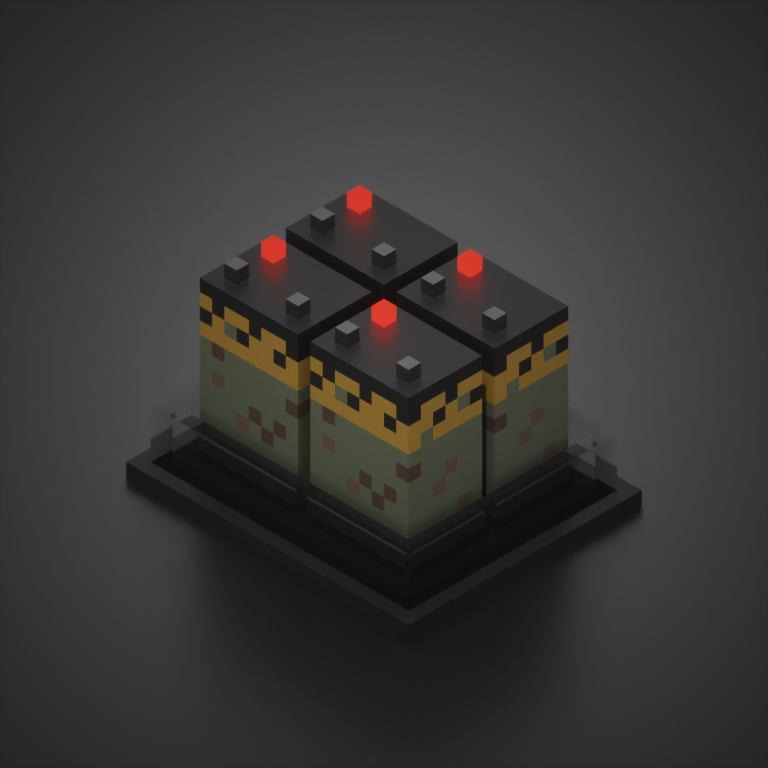 A little industrial battery pack. First time I figured out my own colors / made a small palette.

#magicavoxel #pixelart #voxelart #battery #art #gamedevelopment