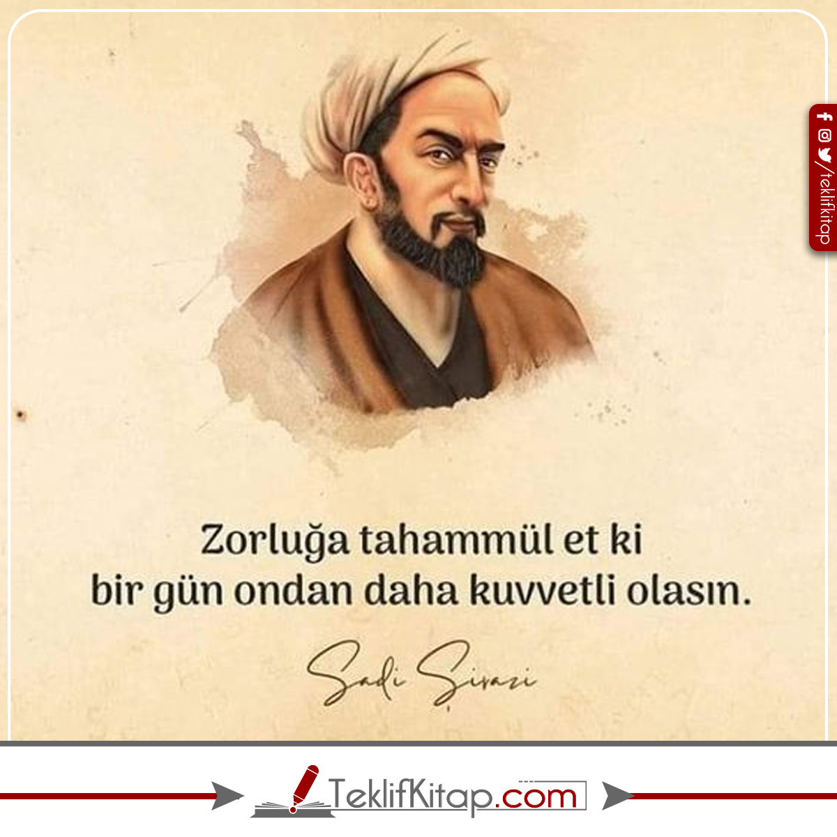 "Zorluğa tahammül et ki bir gün ondan daha kuvvetli olasın."
| Şadi Şirazi
#teklifkitap
#kitabadairteklif
#yazarsözleri
#yazarlarımız