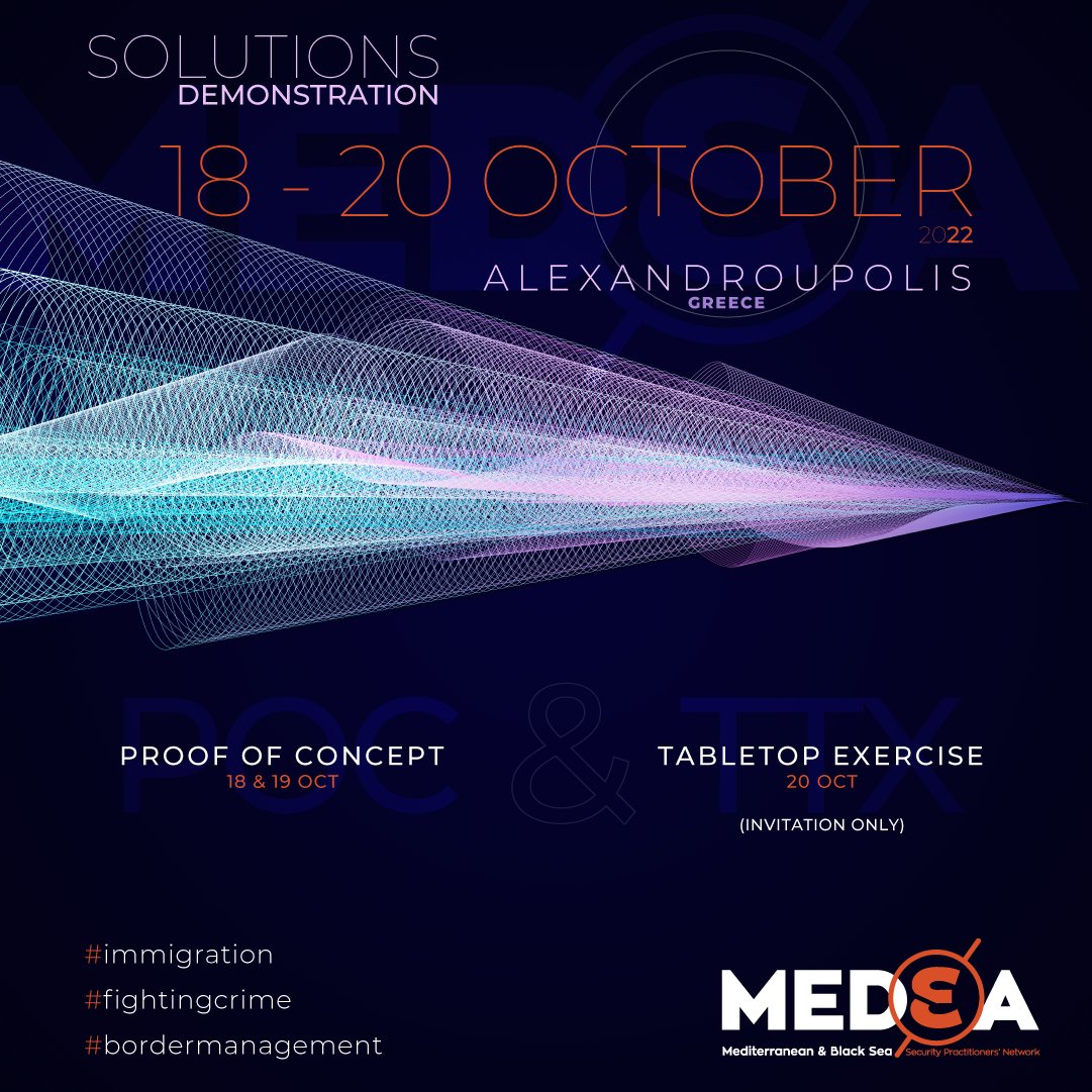 📢Event alert!
Bringing together #LEAs and the Industry, the MEDEA project organizes an event to welcome solutions demos that will meet the needs of the practitioners!
📅Save the date: 18-20 October in Alexandroupolis, GR. 
Stay tuned for more updates!
#solutions #security