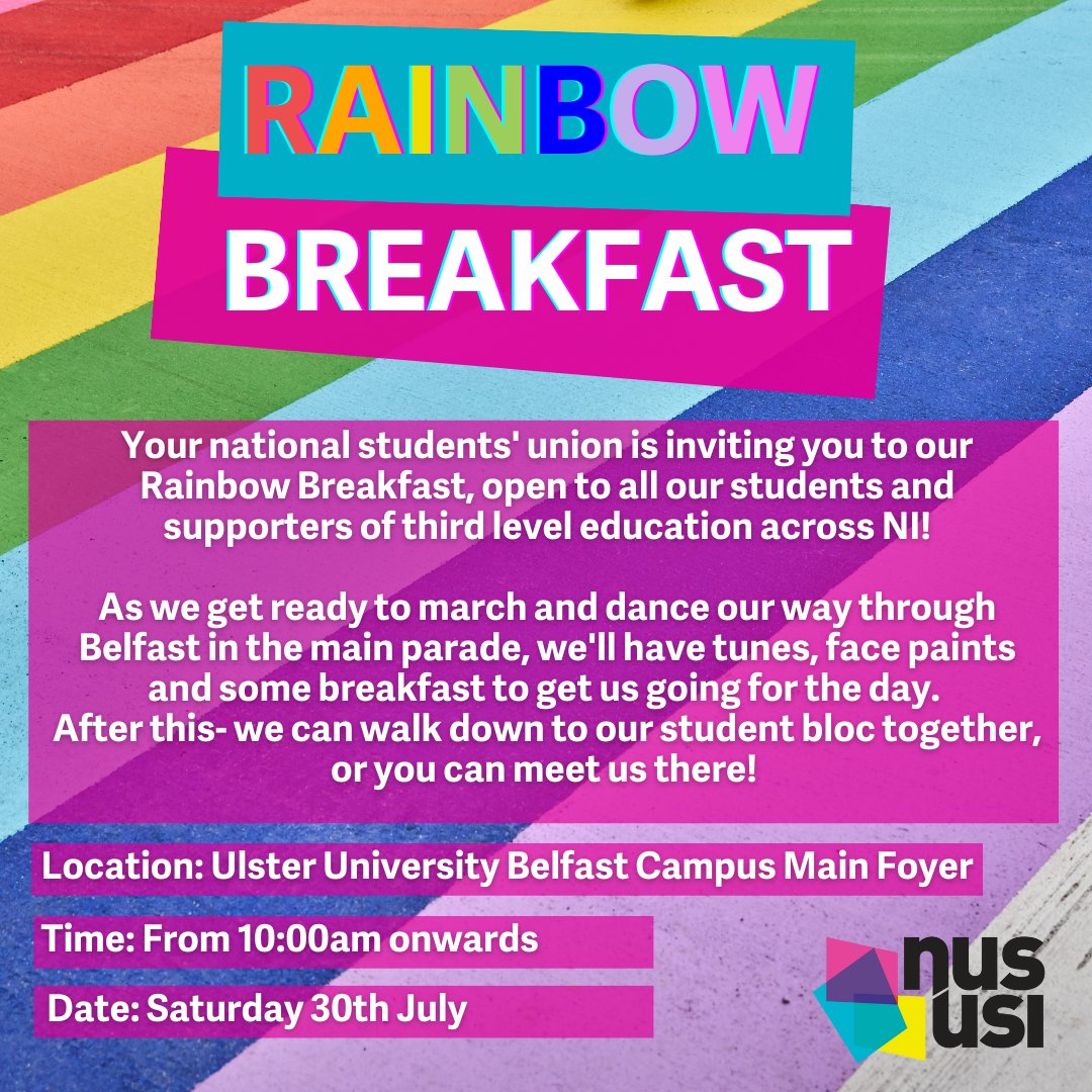 amle_ie's tweet photo. We are so excited to attend the Belfast & Cork Pride parades this weekend! 🙌
All students are welcome & encouraged to join us! Look out for the pink USI banner saying ‘Pride in every student’ ❤️🧡💛💚💙💜
Swipe for all the info!
#PrideInEveryStudent #BelfastPride #CorkPride https://t.co/5OXSYCL1Yz