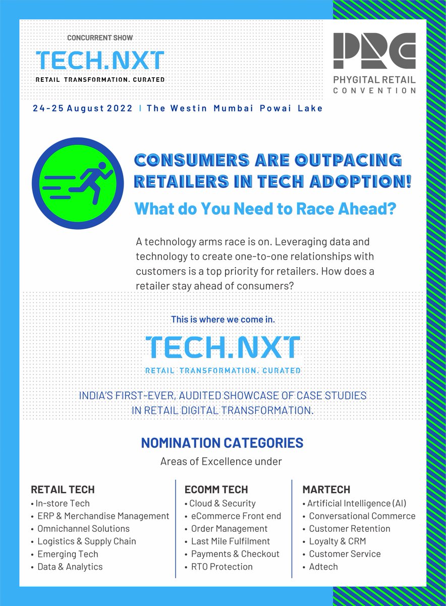 PhygitalRetail's tweet image. The key to #retailtransformation lies in an optimal blend of #ecommtech, #martech and #retailtech. #TechNXT at #PRC2022 is where we&apos;re shortlisting the companies that nailed it best. Join the transformation masters -- Nominate your case study today! lnkd.in/dbwvr_q7