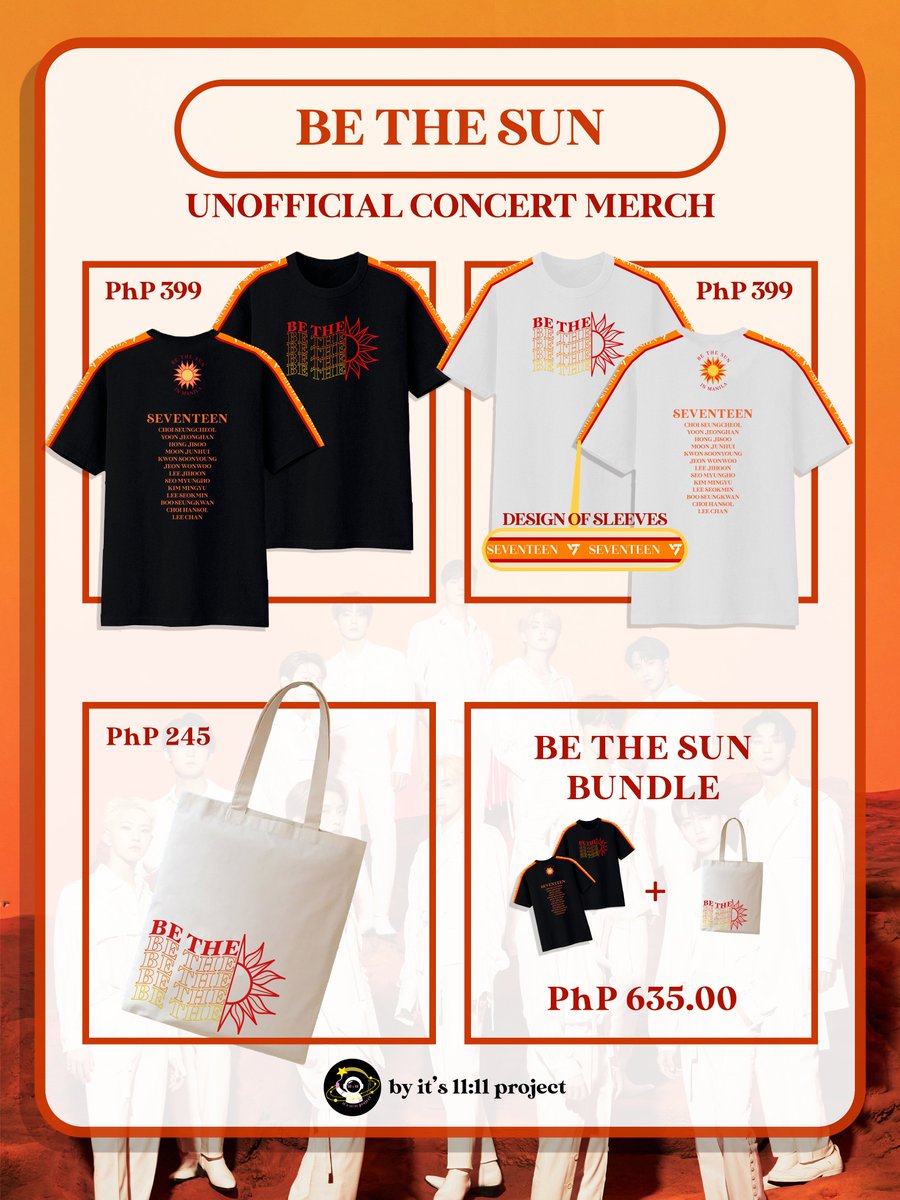 its1111project's tweet photo. ✨SEVENTEEN BE THE SUN INSPIRED MERCH
And we're back! CARAT DREAMERS! Gear up and be funky on Oct 8 & 9!
📅Deadline of Order & Payment:08/31
💸 Price starts at Php 245
🛒 SHOP NOW: https://t.co/3QXevnHhbk
#its1111Project_Wishes #세븐틴 #SEVENTEEN
#SVT_WORLDTOUR_BETHESUN https://t.co/uzI7fAaBtX