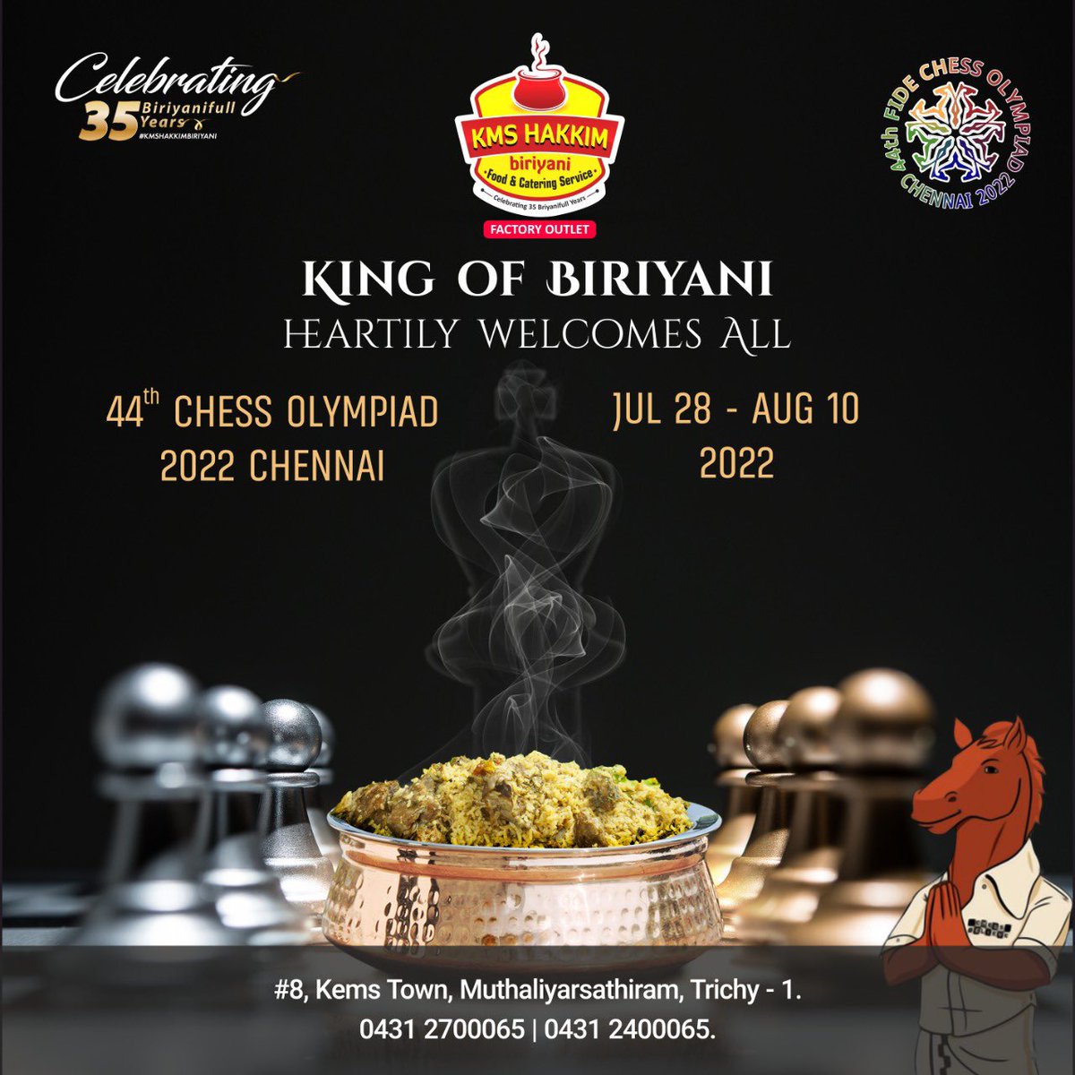 KMS Hakkim Biriyani
 Welcomes  all the players  to 44th chess olympiad 

<a href="/jeyaseelan_vp/">Dr V P Jeyaseelan</a> @chennaichess22  #ChessOlympiad2022 #ChessOlympiad #ChennaiChess2022 <a href="/CMOTamilnadu/">CMOTamilNadu</a> <a href="/Udhaystalin/">Udhay - தமிழ்நாட்டை தலைகுனிய விடமாட்டேன்</a>