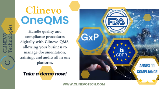 Clinevotech's tweet photo. Handle quality and compliance procedures digitally with Clinevo OneQMS, allowing your business to manage documentation, training , and audits all in one platform.Take a demo now!For more information: https://t.co/lkKpYWQEFS #oneqms #clinevooneqms #qualitymanagementsystems https://t.co/4y12He1Ppq