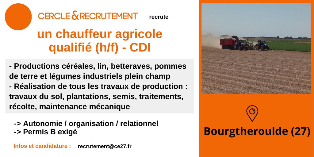 CercledEchanges's tweet image. @CercledEchanges spécialiste du #Recrutement en #agriculture recrute pour une #exploitation avec #Production céréales lin betteraves pommes de terre légumes. Machinisme et #travail en équipe vous attendent ! @Agri_Normandie @reussir @FranceAgricole @EureenNormandie @cultureagri