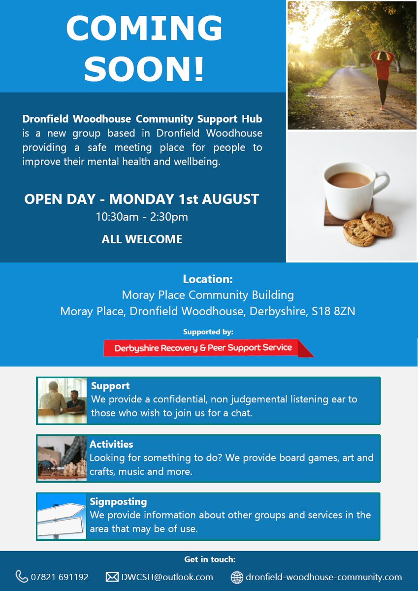 Dronfield Woodhouse Community Support Hub Open Day on Monday 1st August, 10.30am - 2.30pm. All Welcome #mentalhealth #wellbeing #mentalhealthderbyshire