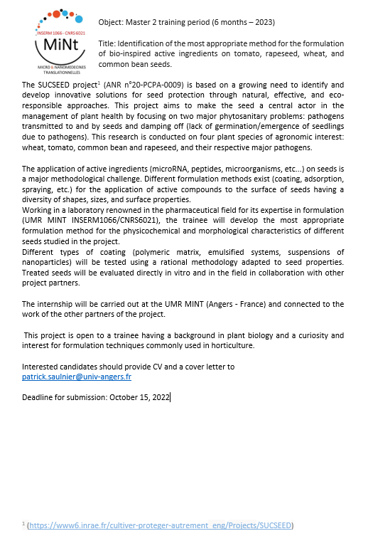 SUCSEED_Project's tweet photo. [Stage] A la recherche d'un stage de M2 vous vous intéressez aux approches de #formulation d'actifs #biocontrôle #biostimulant innovantes &amp; respectueuses de l'environnement sur #semences ? 
✔️Rejoignez le projet SUCSEED @PPR_CPA et l'@LabMint pour relever ce challenge ! https://t.co/etjli8GgvF