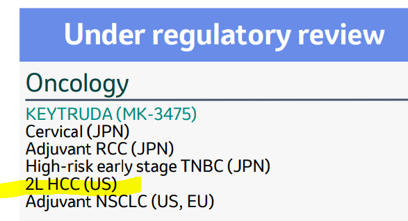 JacobPlieth's tweet photo. I assume this filing is for full 2L liver cancer approval, based on KN-394 (OS data at #GI22). Keytruda has 2L accelerated approval here, but got a CRL for 1L liver cancer $MRK https://t.co/8C2kaFsAE9
