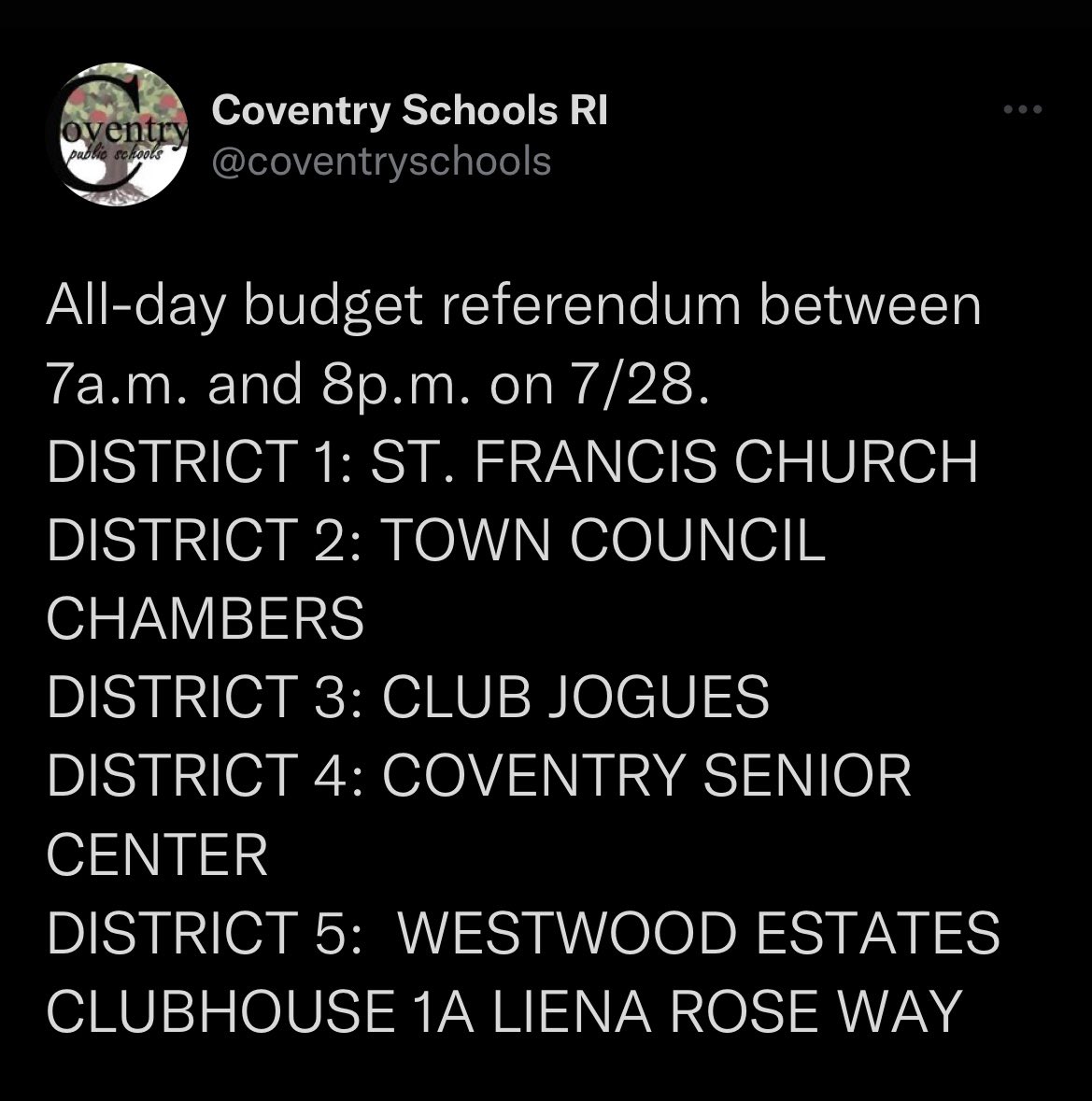 Coventry Friends. Don’t forget to vote today! The youth of Coventry and your property values depend on adequate funding for both town and educational services. Please find the polling locations here. Spread the word.