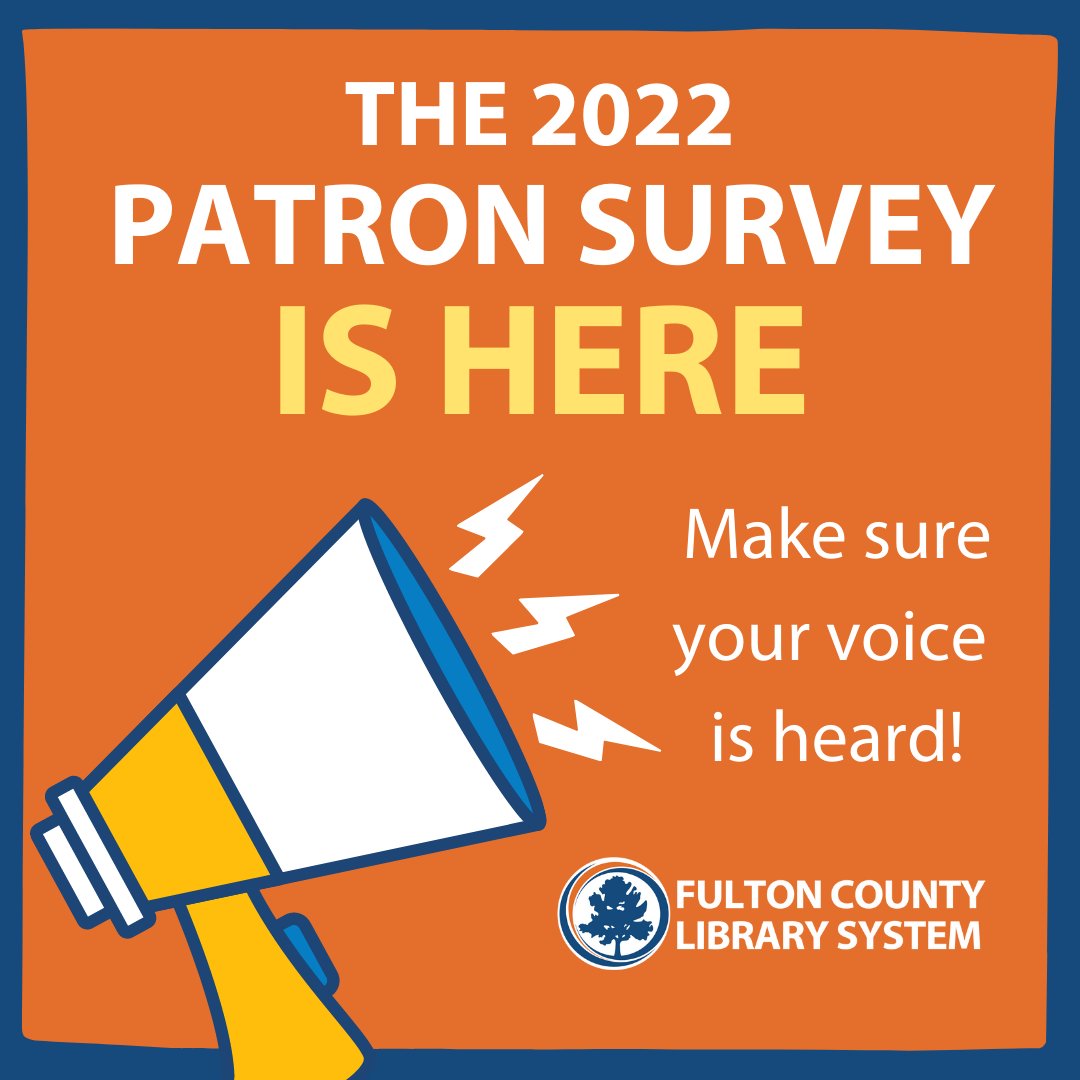 fulcolibrary's tweet photo. We want you to share your feedback about your library experience. Take the library patron survey today and share your input about programs, events, digital library, books, and materials. Make your voice heard! #fulcolibrary #resolvetoread #patronsurvey #fultonreads https://t.co/fku8ZOqSpF