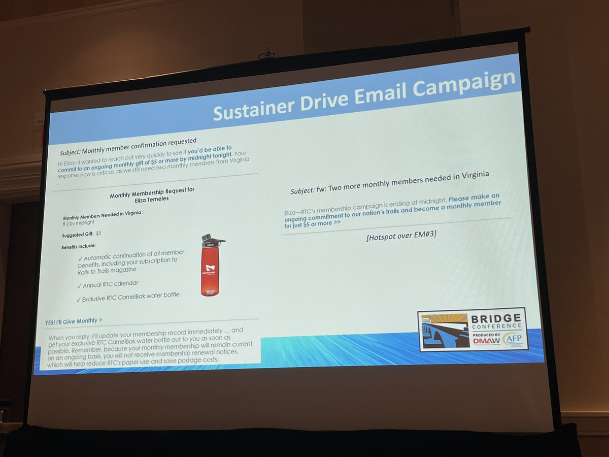 mkdm's tweet photo. “Two more monthly donors needed? I can be half the solution.” Rails-to-Trails tip: Micro goals boost response and let donors know how valuable they really are individually. #bridgeconf22 https://t.co/8A0lOHIwQQ