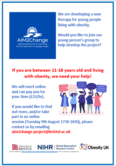 AIM2changeUK's tweet photo. Would you be interested in helping us develop a new therapy for young people with obesity @ObesityUK_org Please also get in touch if you are an adult with lived experience of obesity, or a parent of a child with obesity, your contribution is very important to us #BRCnutrition https://t.co/Cbcdrsxxd4