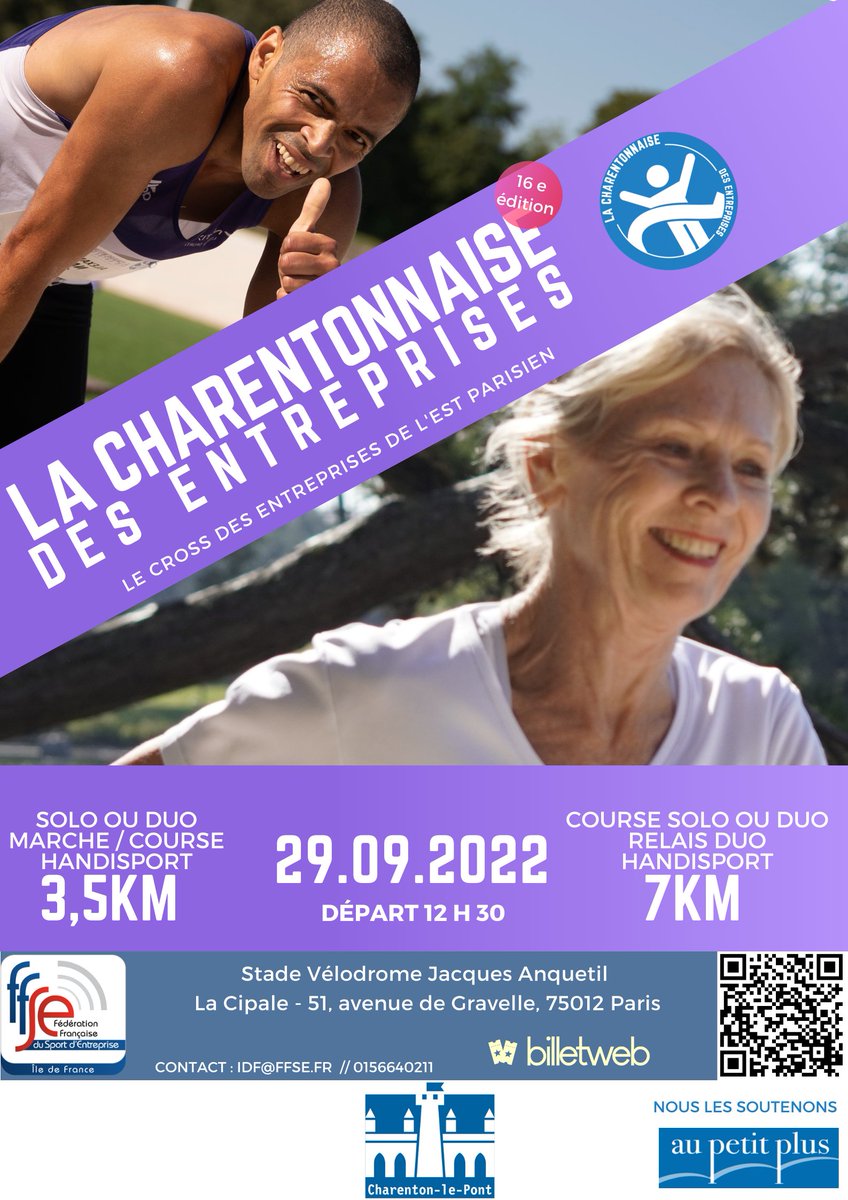 La Charentonnaise des Entreprises fait son retour pour sa 16ème édition 🏃‍♂️🏃‍♀️
Venez soutenir l’épicerie solidaire locale Au Petit Plus en solo ou en duo sur cette course en 3.5km ou en 7km 🤝
Rendez-vous jeudi 29 septembre 2022 à 11h au Vélodrome Jacques Anquetil « La Cipale » 📅