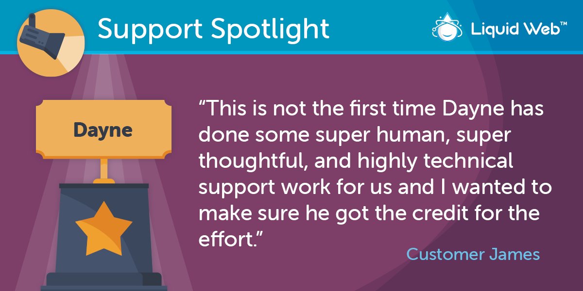 LiquidWeb's tweet image. Dayne is a superhero!

#MostHelpfulHumansInHosting #MostHelpfulHumans #LiquidWebSupport #Support #SupportSpotlight