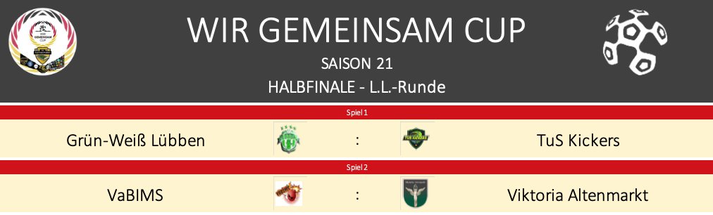 🤝#LLRS21 - 4 Teams kämpfen um die goldene Luftpumpe. <a href="/GWLuebben/">Grün Weiß Lübben</a> trifft auf <a href="/KickersTus/">TuS Kickers</a>, <a href="/Vannihny/">Vans</a> misst sich mit <a href="/VAltenmarkt/">Viktoria Altenmarkt</a>. Wer wird ins Finale einziehen und sich im Halbfinale durchsetzen.