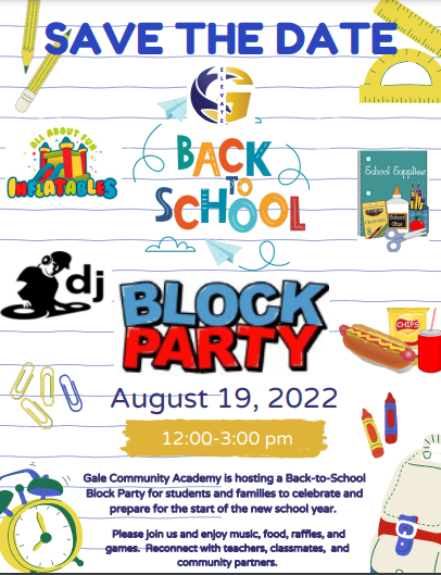 Next week, get excited for back to school with Gale Community Academy's Back-to-School Block Party! In addition to the music, food, and games available, we've donated some school supplies to help our community families prepare for the school year ahead! We hope to see you there!