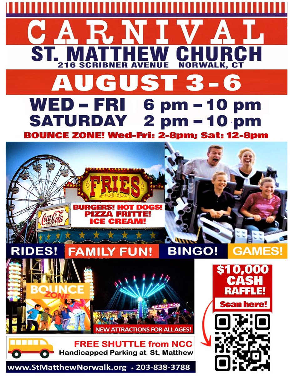 St. Matthew Church #Carnival is back with added attractions! Exciting rides, games, delicious food &amp; fun for the whole family! Aug 3-6! Wed-Fri: 6pm-10pm; Saturday: 2pm -10pm; 216 Scribner Avenue, Norwalk, CT. $10,000 Raffle to benefit Parish Ministries:
osvhub.com/stmatthewnorwa…