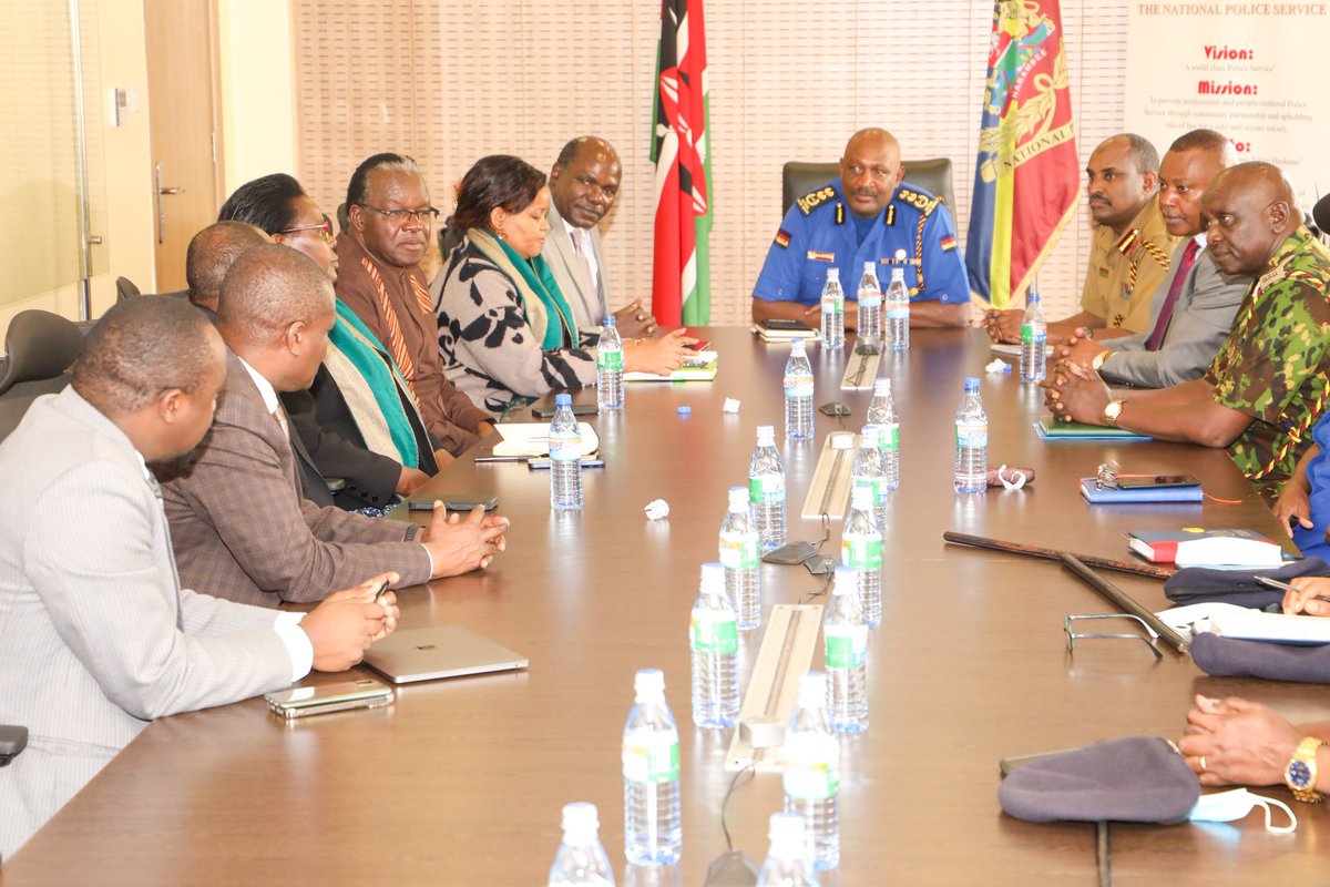 The Inspector General of the National Police Service, Mr. Hilary Mutyambai has held a consultative meeting with @IEBCKenya officials led by the chairman, Mr. Wafula Chebukati at the NPS Headquarters on election security preparedness .