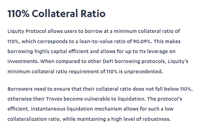korpi87's tweet photo. HIGH CAPITAL EFFICIENCY

$LUSD requires minimum Collateral Ratio (CR) of 110% which means users can borrow up to 90% of the dollar value of their provided collateral.

It makes $LUSD more capital efficient than $DAI where the lowest CR for ETH vault is 130%. https://t.co/3iH5D79Afo