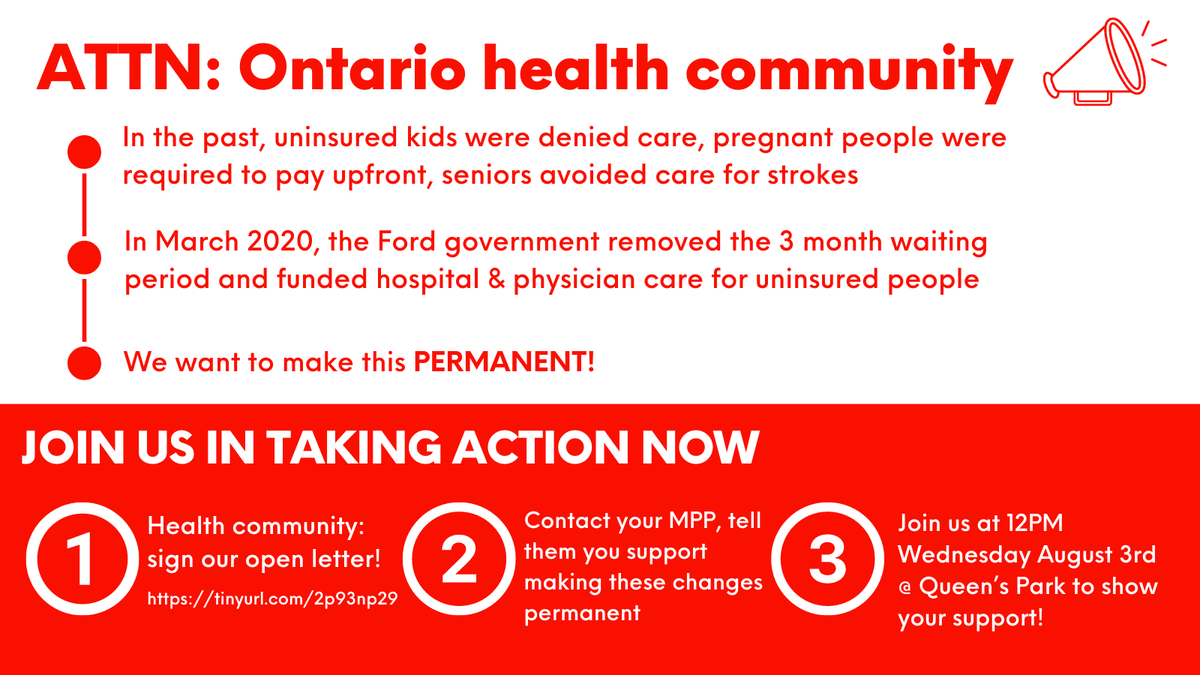 BREAKING: 700+ Ontario health workers and 150+ organizations write open letter to <a href="/fordnation/">Doug Ford</a> <a href="/SylviaJonesMPP/">Sylvia Jones</a> calling for permanent access to #healthcare4all people living in Ontario, regardless of immigration status. Sign here: tinyurl.com/2p93np29 #onpoli #sdoh