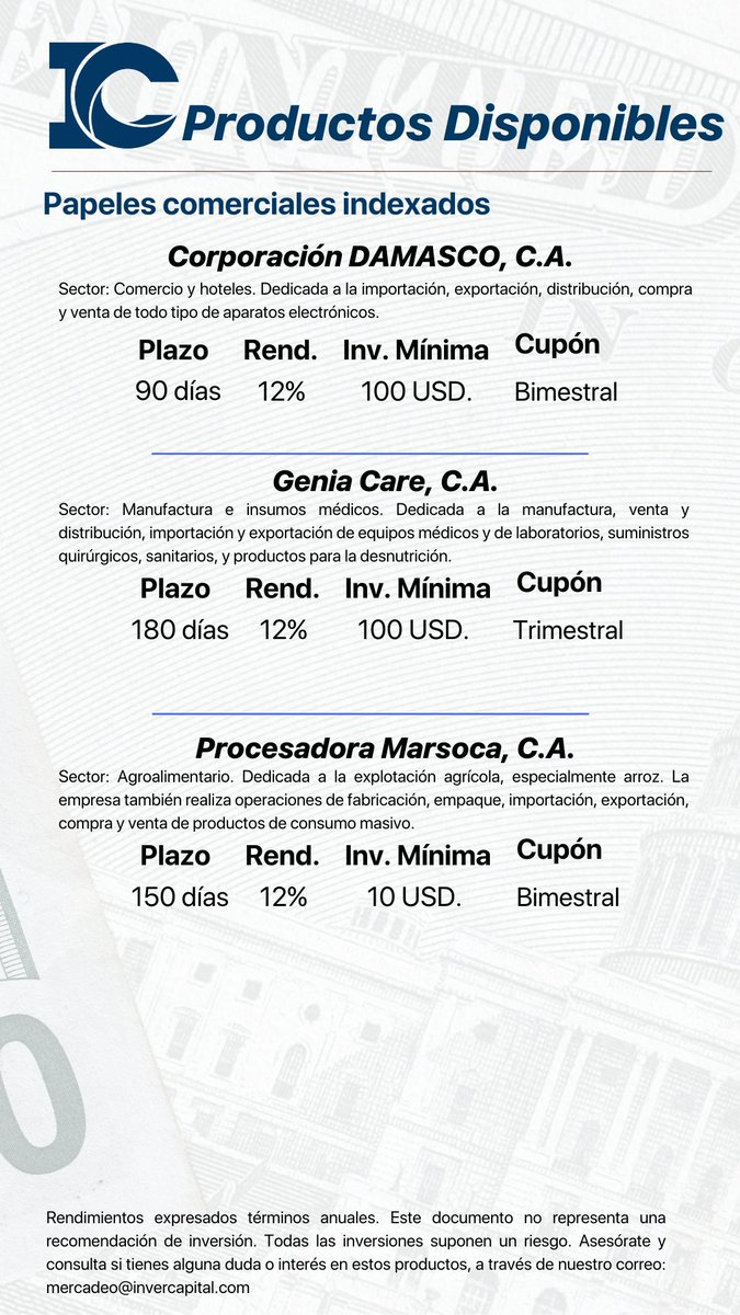 inver_capital's tweet photo. ¡Inversionista!

Te mostramos los productos de #rentafija disponibles en el #mercadodevalores venezolano. https://t.co/fSWtXXRifj