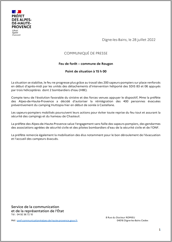 🚨Feu de forêt - commune de Rougon🚨
Point de situation à 15H00